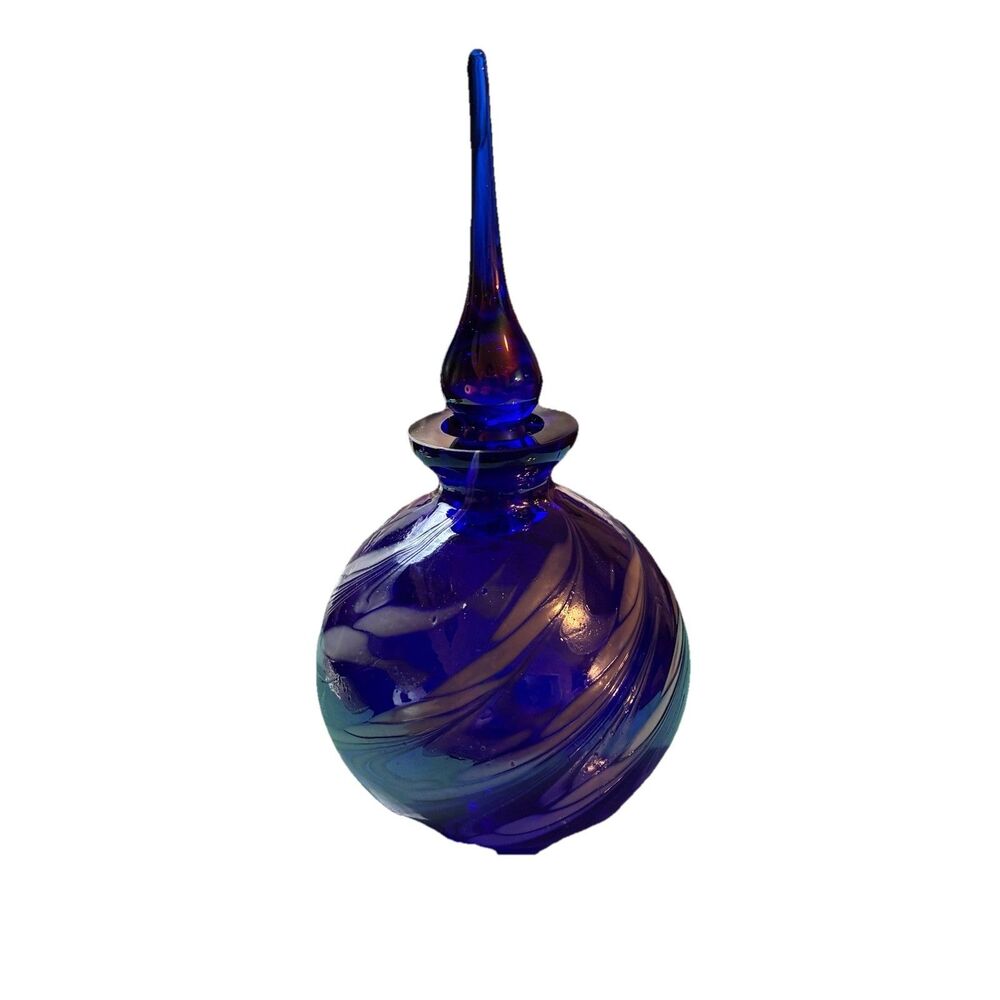 Vintage Perfume Bottle By Gorgeous Designs Blue & White Feathered. 6.5”